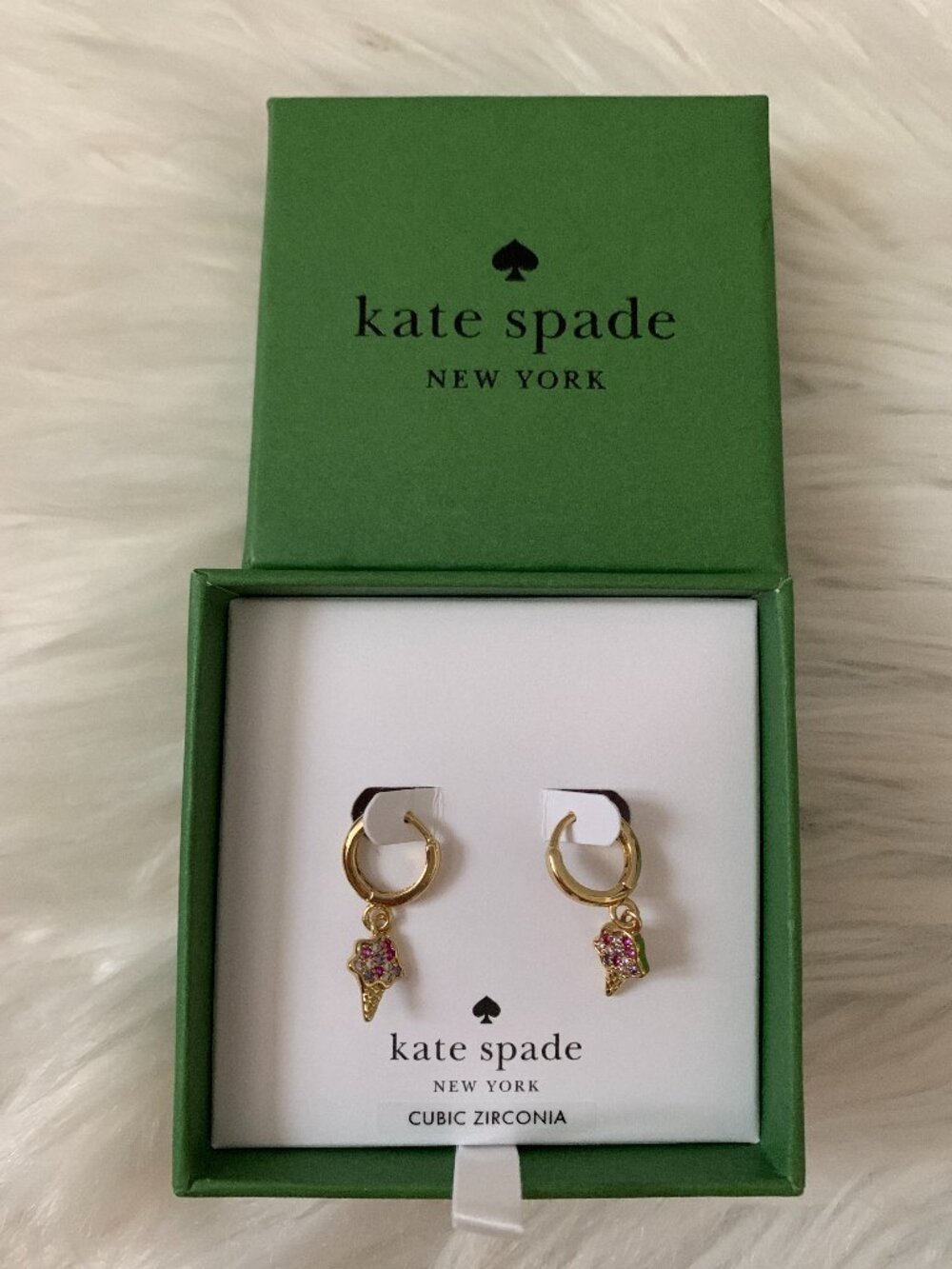 KATE SPADE Ice Cream Cone Pave Cubic Zircona Drop Ear Huggies in Gold